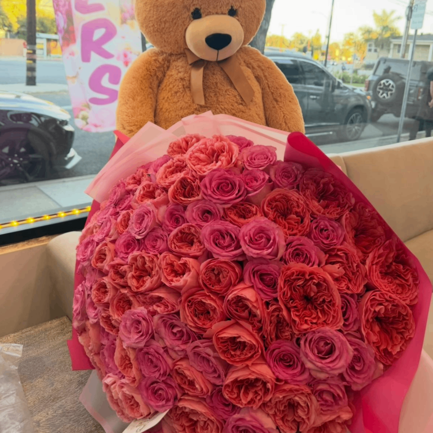 Pink rose bouquet with teddy bear