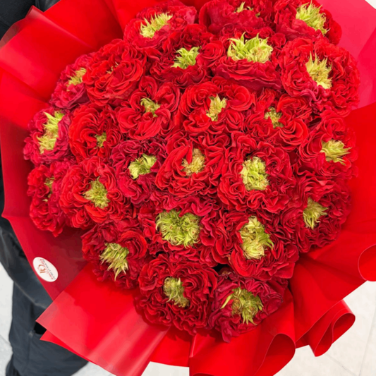 Red garden roses with green centers bouquet